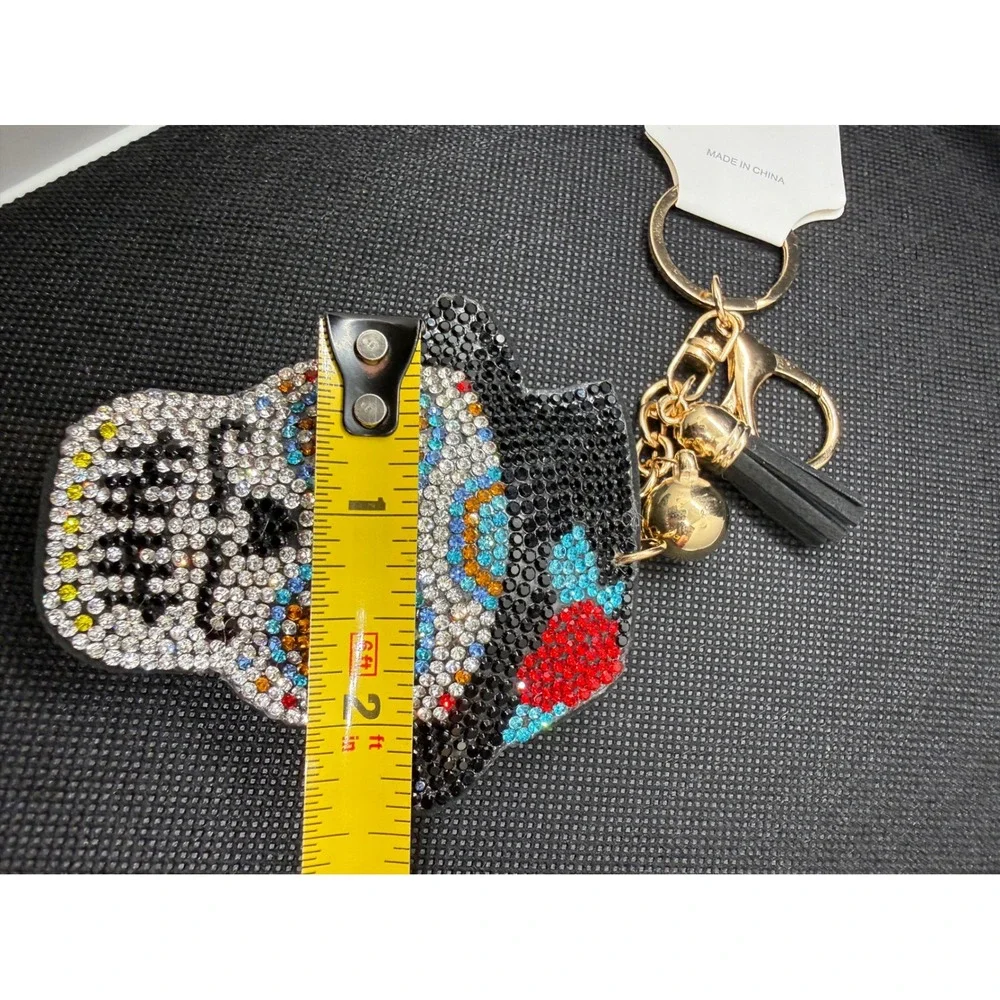 Sugar Skull Rhinestone Keychain Day of the Dead Calavera Tassel Bag Charm Gold